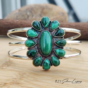 Natural Malachite Cluster Cuff Bracelet, Sterling Silver Multistone Split Band Bangle, Southwestern Flower Statemen Jewelry, Gift For Her