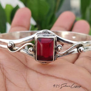 Handmade Sterling Silver Red Garnet Cuff Bangle, Bohemian Abstract Swirl Ribbon Bracelet