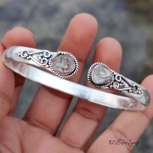 Raw Herkimer Diamond Sterling Silver Bangle, Handmade Cuff Bracelet