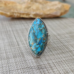 Blue Copper Turquoise Ring/ 925 Sterling Silver Ring/ Marquise Trend Ring/ Handmade Gemstone Boho Ring/ Women Gift Ring/ Turquoise Jewelry