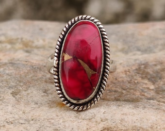 Red Rose Dahlia Ring/ 925 Silver Ring/ Handcrafted Ring/ Bridesmaid Ring/ Kingman Rose Turquoise Ring/ January Birthstone Ring/ Gift for Her