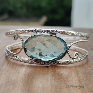 Aquamarine Gemstone Bangle | Handmade Silver Jewelry | Huge Designer Cuff Bracelet