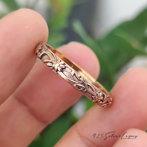 Handmade Floral Engraved Dainty Ring, Minimalist Pure Copper Band, Boho Flower Stacking Jewelry, Rustic Promise Ring, Gift for Her