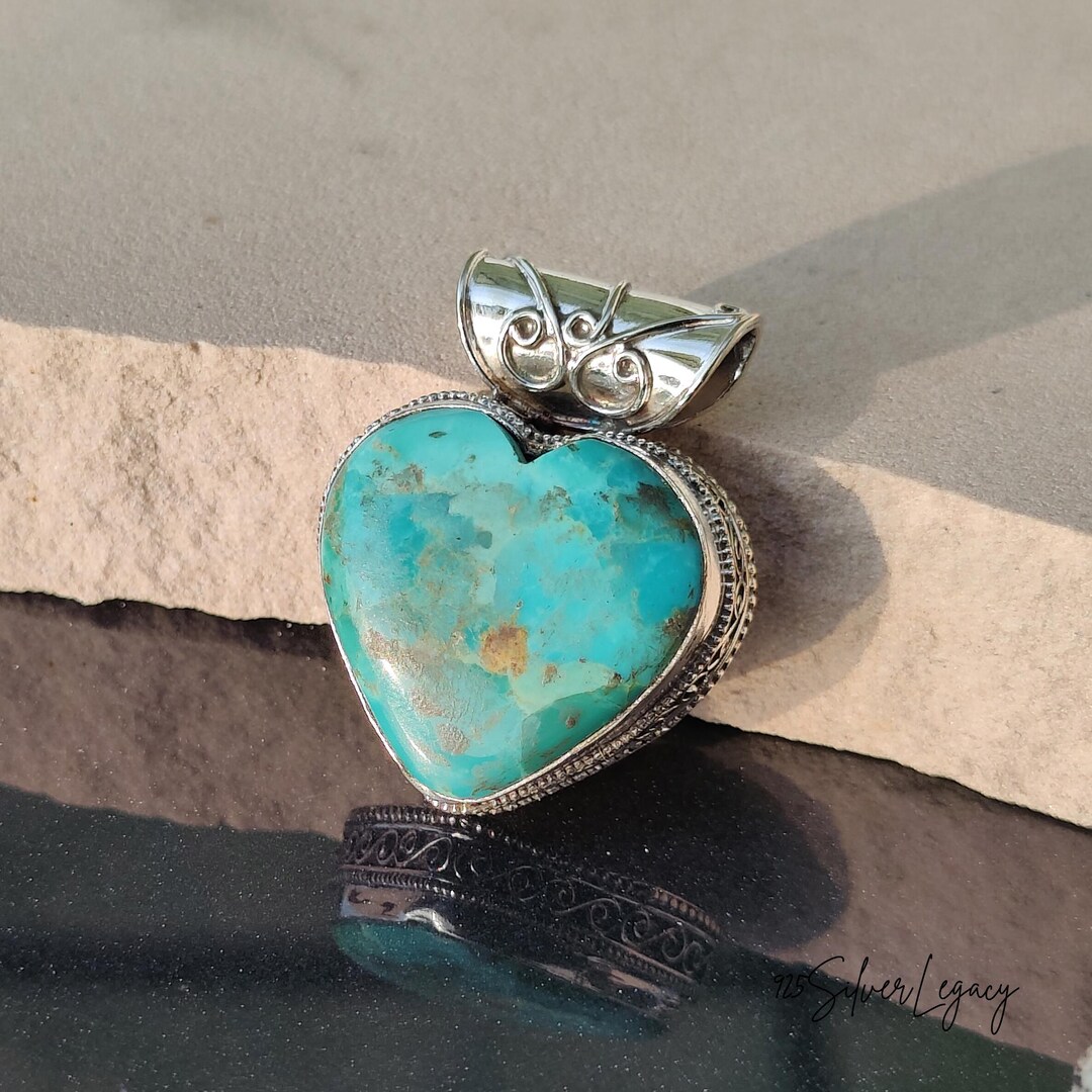 Handmade Kingman Turquoise Heart Shape Gemstone Pendant / 925 Sterling ...