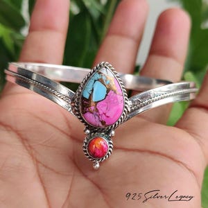 Natural Cotton Candy Turquoise Bangle, 925 Sterling Silver V Cuff Bracelet, Pink Spiny Oyster Stone Crown Jewelry, Handcrafted Gift For Her