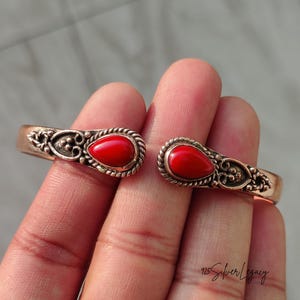 Handmade Red Coral Copper Bangle, Adjustable Gemstone Jewelry Bracelet, Gift For Her