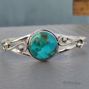 Kingman Turquoise Bangle, 925 Silver Bangle, Round Gemstone Cuff Bracelet, Handmade Jewelry