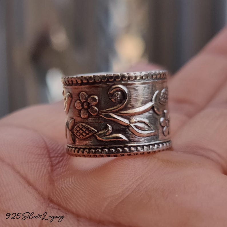 Handmade Sterling Silver Flower Ring: Wide Band Boho Thumb Ring - Etsy