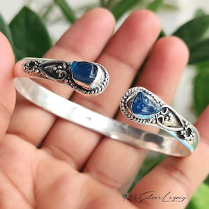 Raw Blue Apatite Cuff Bracelet, 925 Sterling Silver Rough Crystal Boho Bangle, Handmade September Birthstone Gift for Her