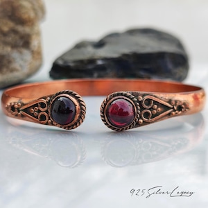 Handmade Red Garnet Pure Copper Bangle, Antique Style Adjustable Open Cuff Bracelet, Bohemian Healing Copper Jewelry, Gift For Women's