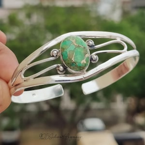 Green Copper Turquoise Bangle: Handmade 925 Silver Adjustable Cuff