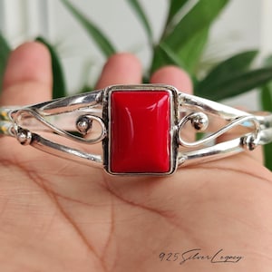 Natural Red Coral Bangle, 925 Sterling Silver Rectangle Gemstone Cuff Bracelet,  Love Valentine's Gift