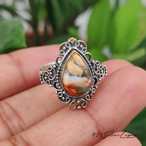 Pear Oyster Turquoise Sterling Silver Statement Ring, Boho Designer Minimalist Jewelry, Handcrafted Wedding Gift For Women