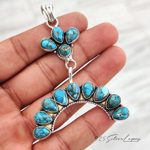 Blue Copper Turquoise Pendant, 925 Sterling Silver Multi Stone Necklace, Tribal Crescent Cluster Charm, Handmade Rope Edge Jewelry for Women