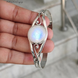 Bohemian Moonstone Bangle,  Handmade Sterling Silver Rainbow Moonstone Crystal, Elegant Gift For Women