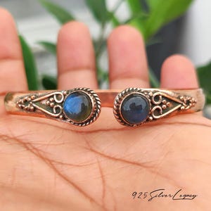 Natural Labradorite Gemstone Bangle, Handmade Pure Copper Statement Cuff Bracelet, Two Stone Blue Flash Bracelet, Gift for Women's