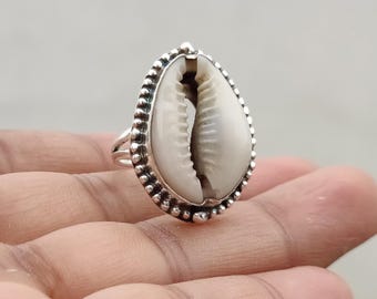 Handmade Sterling Silver Cowrie Shell Ring: Natural Sea Shell Jewelry