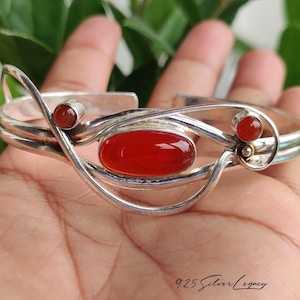 Oval Carnelian Sterling Silver Bangle, Modernist Abstract Swirl, July Birthstone Jewelry