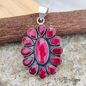 Genuine Ruby Cluster Pendant, 925 Sterling Silver Statement Necklace, Multi Stone Red Ruby Charm, July Birthstone Jewelry, Gift for Her