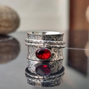 Handmade Red Garnet Spinner Ring, 925  Sterling Silver Wide Band Ring, Gift For Christmas