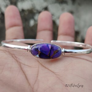 Purple Kingman Dahlia Turquoise Bangle - Handmade Sterling Silver Bracelet - Oval Gemstone Cuff Bangle