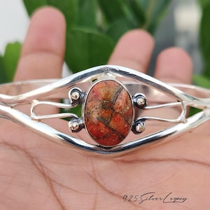 Natural Sponge Coral Bracelet, Handcrafted 925 Sterling Silver Bohemian Open Cuff Bangle, Vintage Style Oval Stone Jewelry, Gift For Mother