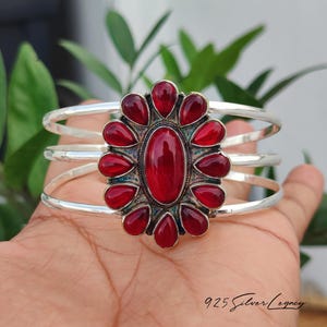 Red Garnet Cluster Boho Bangle, Sterling Silver 925 Triple Split Band Cuff, Southwestern Statement Love Flower Jewelry, Promise Gift for Her