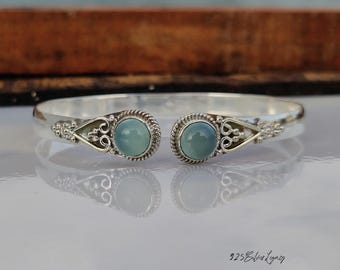 Bracelet jonc en calcédoine turquoise fait main ~ Bijoux en argent sterling 925 avec pierres précieuses