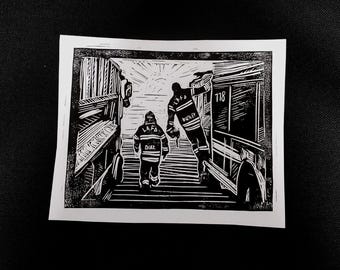 9-1-1 Buddie Fire Trucks S2 Lino Print || Buddie/911 Fanart Gift || Handprinted Linocut Wallart