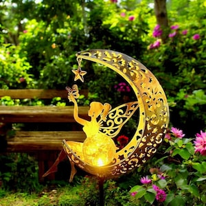 Fairy & Moon Garden Figurine with Solar Light | Outdoor Yard Statue for Patio, Lawn, or Pathway | Whimsical Garden Decor Sculpture