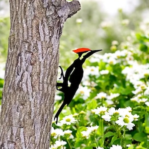 Metal Woodpecker on Branch Sculpture | Rustic Garden Yard Decor | Outdoor Bird Statue Art | Unique Animal Ornament for Lawn or Fence