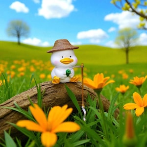 Cute Fishing Duck Garden Statue – Whimsical Pond or Yard Sculpture, Outdoor Duck Figurine for Garden Lovers, Fisherman Animal Decor Gift
