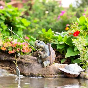 Cute Resin Fishing Turtle Statue for Garden Decor | Outdoor Animal Figurine Yard Art Ornament | Unique Patio Decoration | Funny Turtle Gift