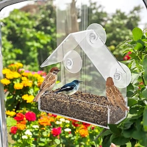 Clear Acrylic Bird Feeder with Suction Cups | Unique Hanging Window Bird House for Outdoor Use | Plastic Transparent Garden Decor Gift Idea