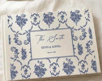 Libro de firmas personalizado para bodas, álbum de fotos personalizado con estampado floral azul para bodas, libro de firmas estilo Toile, recuerdo para despedida de soltera y boda.