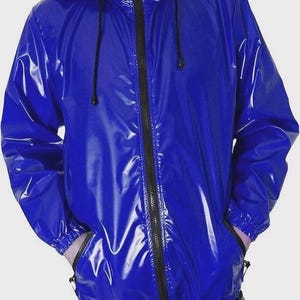 Men&#39;s Blue PVC Vinyl Raincoat Jacket Shiny Gothic Motorcycle Hoodie Handmade