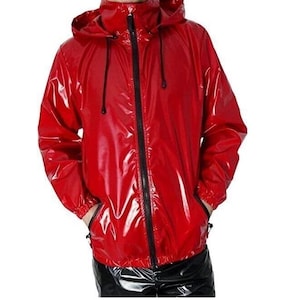 Men&#39;s Red Hoodie Jacket Raincoat Gothic Shinny Patent PVC Vinyl Shiny Waterproof Handmade