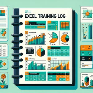 May include: A notebook with a blue cover and the title "EXCEL TRAINING LOG" in white text. The notebook is open to a page with various charts and graphs, including bar charts, pie charts, and tables. The charts are in shades of blue, green, and orange.