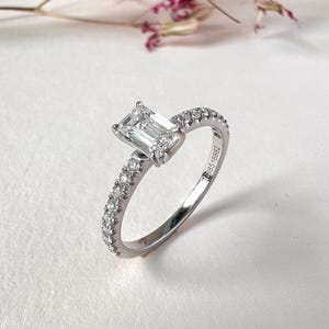 Emerald Cut Lab Diamond Engagement Ring | 14K White Gold Ring | Half Carat Center Stone | Dainty Diamond Band | Ethical Engagement Ring