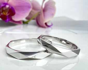 Couple Wedding Bands • Matching Faceted 14K Gold Rings for Him & Her