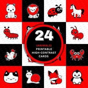 24 Printable High-Contrast (Animals) Cards, Visual Stimulation, Digital File, Instant Download