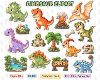Dinosaurie Clipart-paket, PNG-klistermärken, barnrumsdekor (digital nedladdning)