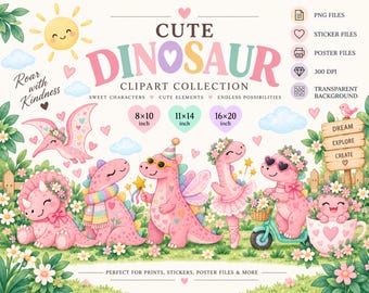 Rosa dinosaurie clipart-paket, väggkonst för barnrum, barnrumsdekor (digital nedladdning)