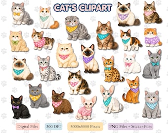 30 Kawaii Cat Clipart Bundle, PNG Sticker Files (Digital Download)