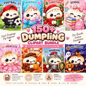 May include: A digital clipart bundle featuring 150+ cute dumpling characters in various themes including football, mermaid, Christmas, school, princess, autumn, warriors, and Halloween. The collection includes PNG files for stickers and printables.