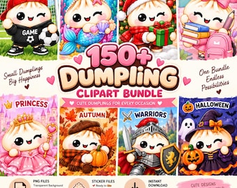 150+ koreanska dumplings clipart-paket, kawaii-mat-PNG:er, klistermärken (digital nedladdning)