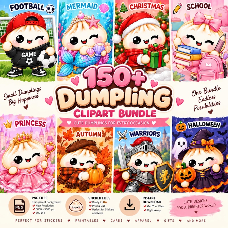 May include: A digital clipart bundle featuring 150+ cute dumpling characters in various themes including football, mermaid, Christmas, school, princess, autumn, warriors, and Halloween. The collection includes PNG files for stickers and printables.