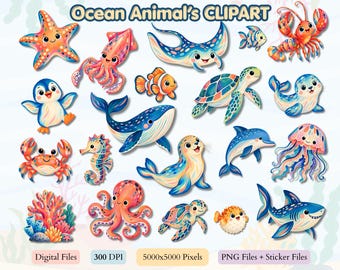 Havsdjur Clipart-paket, Havsdjur PNG, Klistermärkesfiler (Digital Nedladdning)
