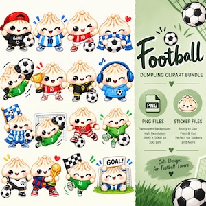 May include: A digital clipart bundle featuring various cartoon dumplings dressed in soccer uniforms, holding soccer balls, trophies, and flags. The text reads Football DUMPLING CLIPART BUNDLE, PNG FILES, STICKER FILES, and Cute Designs for Football Lovers.
