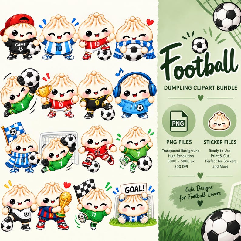 May include: A digital clipart bundle featuring various cartoon dumplings dressed in soccer uniforms, holding soccer balls, trophies, and flags. The text reads Football DUMPLING CLIPART BUNDLE, PNG FILES, STICKER FILES, and Cute Designs for Football Lovers.